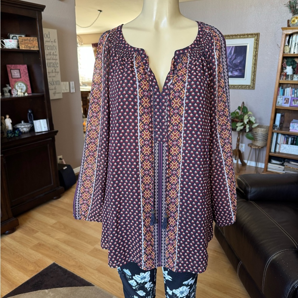 Daniel Rainn Burgundy and Orange Printed Peasant Blouse